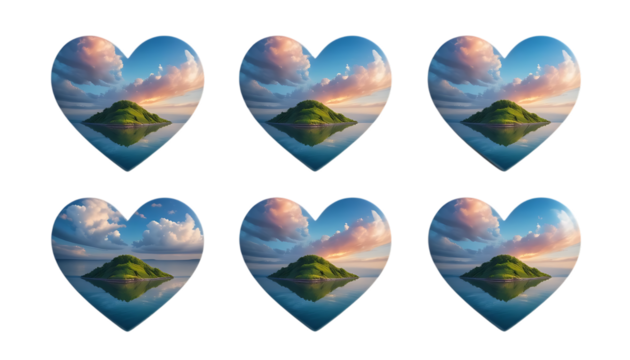 Heart shaped island with colorful clouds reflecting water
