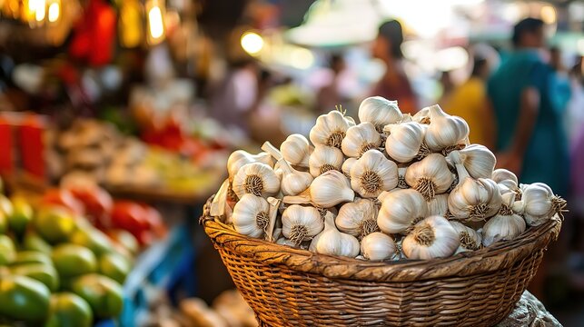fresh garlic vegetable selling at bustling local Asian market street 