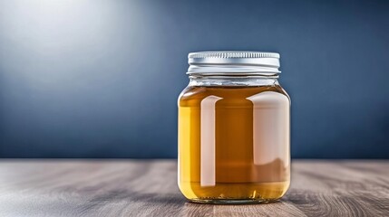 Transparent glass jar filled with golden honey on wooden surface, symbolizing sweetness, harvest season, and Rosh Hashanah