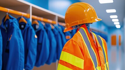 A safety gear setup featuring an orange jacket and hard hat, with blue uniforms hanging in the background, emphasizing workplace safety and readiness.