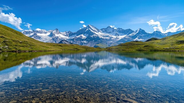 A crystal-clear alpine lake reflecting the surrounding snow-capped mountains under a bright blue sky