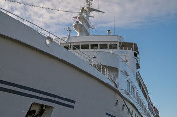 Classic expedition cruiseship cruise ship liner Delphin docked at terminal in Thorshavn Thorshaven,...