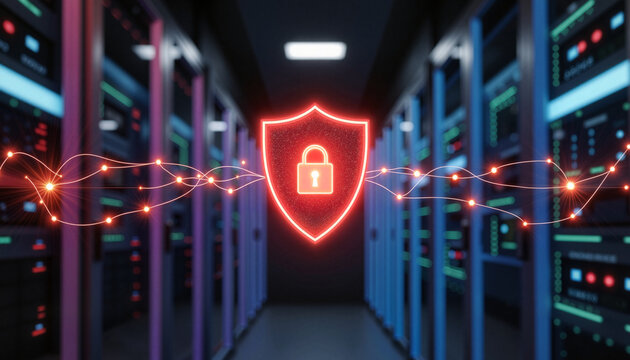 Glowing shield icon representing secure network connection in server room, digital safety