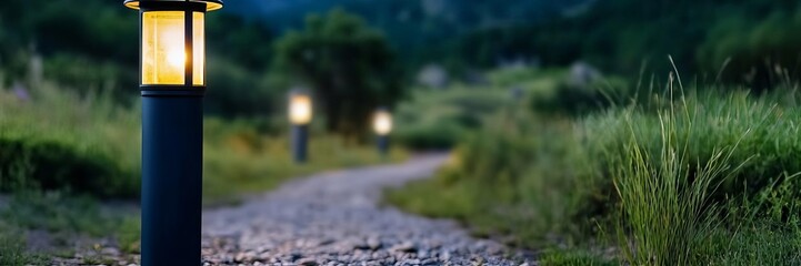 Obraz premium A serene garden path illuminated by glowing lanterns, ideal for summer evenings or peaceful retreats, tranquility concept