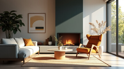Fototapeta premium sunlit living room with grey sofa mustard yellow armchair and fireplace