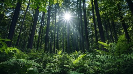 Fototapeta premium Sunlight filtering through lush green forest trees, symbolizing tranquility and renewal, perfect for Earth Day or Arbor Day
