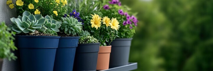 Blooming flowers in colorful pots decorate a balcony, celebrating spring gardening and Earth Day vibrancy
