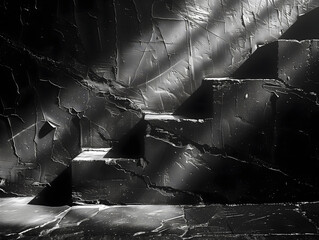 Cracked Stairs and Wall from Earthquake with Light Shining Through in Black and White Tone.