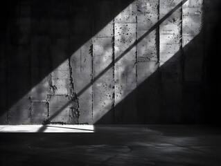 Old Cracked Concrete Wall with Light Shining Through in Black and White Tone.