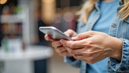 Hands using modern smartphone in tech store, digital lifestyle