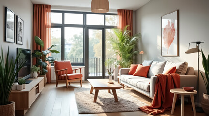 Fototapeta premium sunlit living room with gray sofa and burnt accents