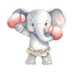 elephant boxing cute watercolors illustration on white background