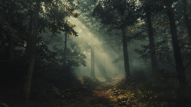 A dense, magical forest with tall pine trees, sunlight filtering through the leaves, and a misty path leading into the unknown