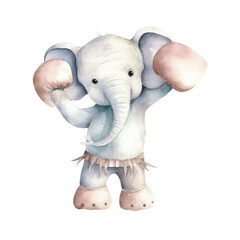 elephant boxing cute watercolors illustration on white background