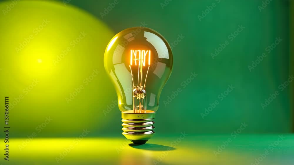 Poster illuminated lightbulb on a green background a symbol of innovation and ideas