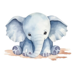 elephant lay on floor cute watercolors illustration on white background