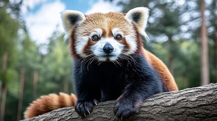 Fototapeta premium Red panda perched on branch in lush forest, wildlife conservation, Asian nature habitat, Endangered Species Day awareness