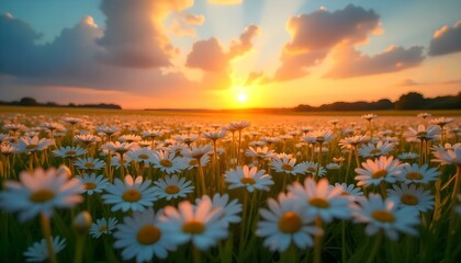Obraz premium A wide-angle shot captures a field of daisies under a vibrant sunset. The daisies, with their white petals and yellow centers, fill the foreground, creating a dense carpet of flowers