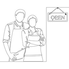 Continuous one single line drawing Small Business Success: Man and Woman in Aprons Stand Proudly in Front of an Open Sign, Welcoming Customers icon vector illustration concept