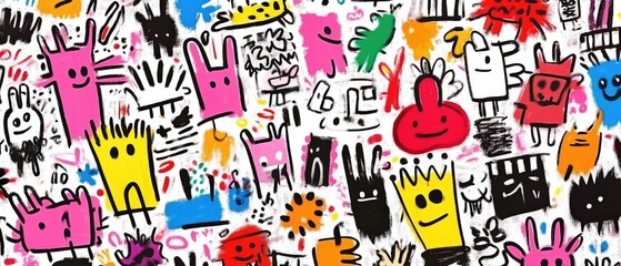 Fun, colorful illustration of quirky cartoon figures on white background