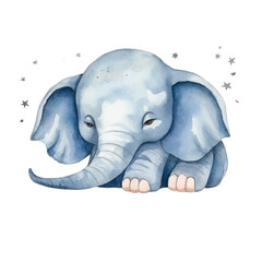 elephant sleeping cute watercolors illustration on white background