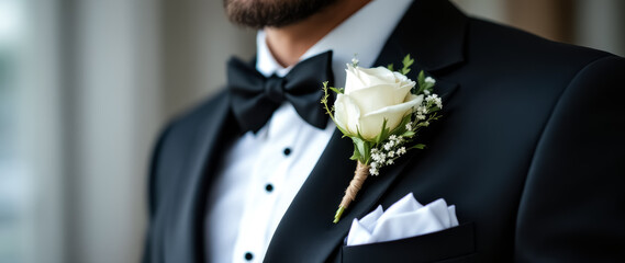 white rose boutonniere adorns a black tuxedo