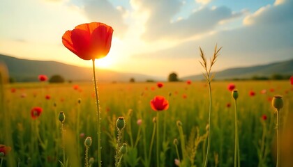 Fototapeta premium Captivating Sunset Over Poppy Field with Golden Light and Scenic Background