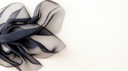 Dark gray sheer fabric draped on a white background. The fabric is textured and slightly transparent, creating a soft and elegant look.  Plenty of copy space.