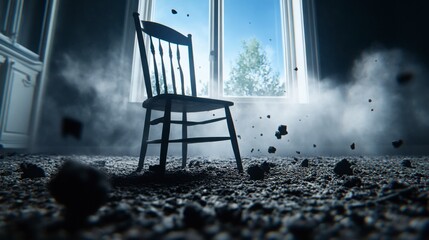 Dark wooden chair sits in a dimly lit room, surrounded by debris on a dark floor, with a bright window in the background. Dust particles fill the air. Eerie and mysterious atmosphere.