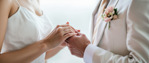 bride and groom tenderly holding hands at wedding ceremony
