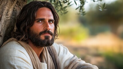 Jesus Christ sitting under olive tree 