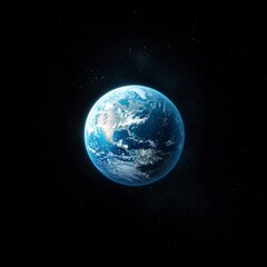 Fototapeta premium Detailed view of planet Earth from space, showcasing continents, oceans, and a starry backdrop. The image uses a dark background with a bright, detailed Earth at the center.