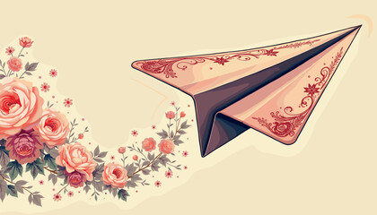 Elegant paper airplane flying through floral backdrop  