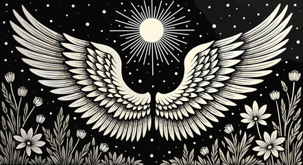 Angelic Wings with Sun and Flowers in a Black Background  