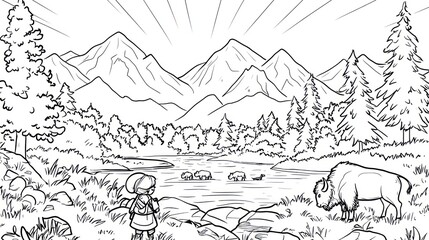 Naklejka premium Child views mountain landscape with bison, coloring book illustration
