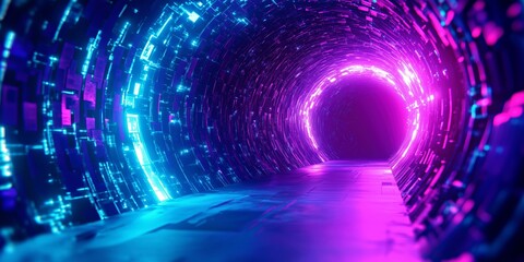 Fototapeta premium 3D corridor scene featuring glowing violet and cyan panels forming a curved high-tech tunnel