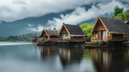 Obraz premium Wooden lake houses nestled amongst misty mountains. Tranquil waterfront cabins reflect on the glassy surface of the lake