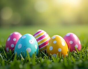 A mix of polka-dotted and striped eggs hidden in the grass. Generative AI