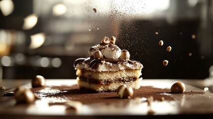 A layered cake dessert with cream and nuts on display