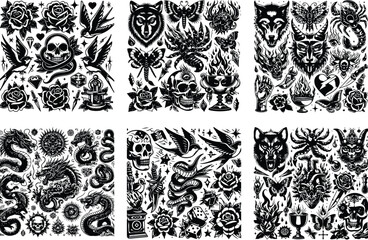 Tattoo Style Vector Bundle | Vintage Skull, Roses, Dragons, and Wild Animals Illustrations