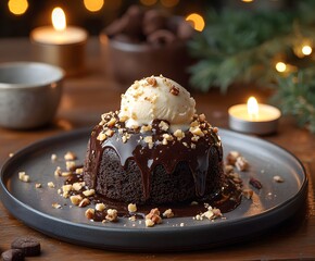 Decadent Chocolate Cake: A close-up shot captures a rich chocolate cake topped with a scoop of vanilla ice cream and chopped nuts, elegantly arranged on a plate. The warm.