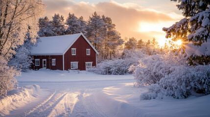 Naklejka premium Red House in a Snowy Forest at Sunset