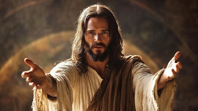 Jesus Christ looking at camera , arms open to you