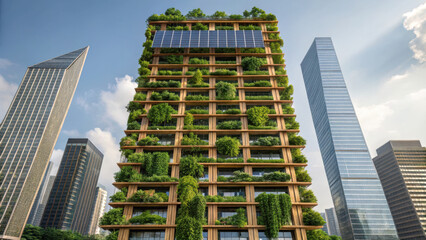 modern building with greenery and solar panels showcases innovative environment friendly design amidst urban skyscrapers