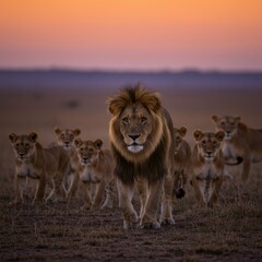 A majestic lion walking in front of an impressive group of lions, showcasing its strength and beauty under the dramatic light of dusk	