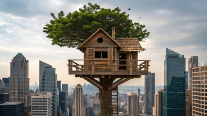 unique treehouse stands tall amidst bustling urban environment showcasing nature beauty and creativity