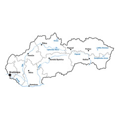 Slovakia map with regions, waterways, cities and namings