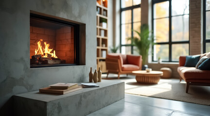 modern fireplace in a sunlit living room