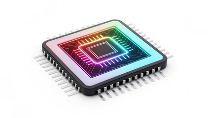 Neon glowing chip isolated white background, tech concept