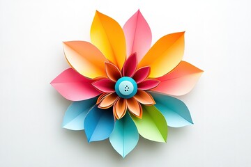 Fototapeta premium Colorful Paper Flower with Teal Button, Beautiful Petals on White Textured Background